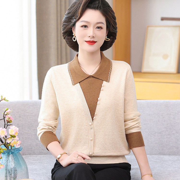 2026春装新款妈妈装假两件针织衫女翻领毛衣中老年外穿薄款打底衫