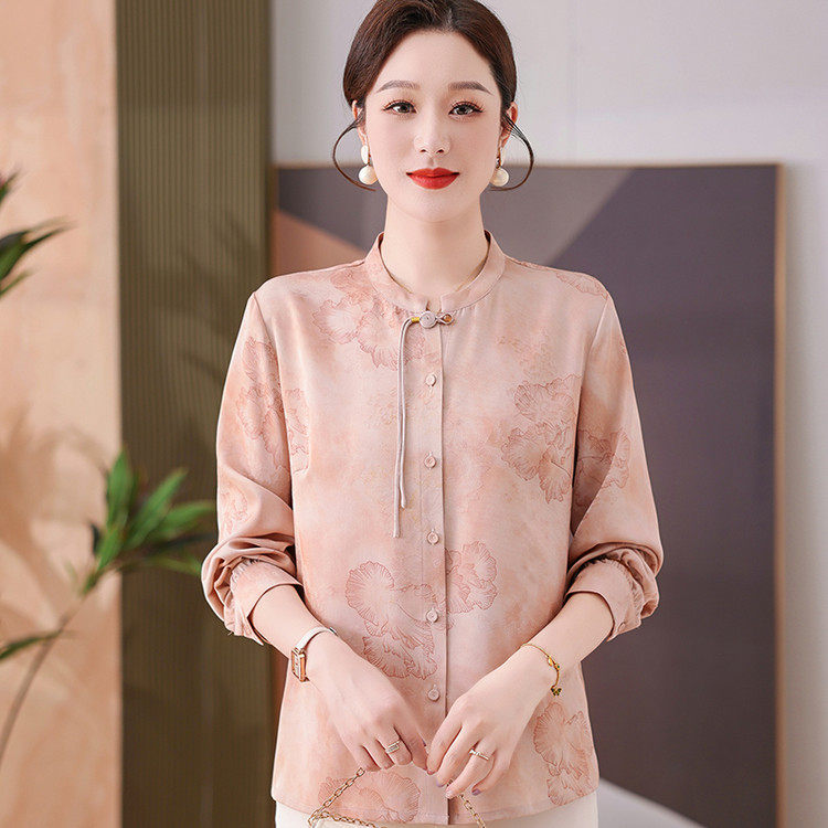 2026春夏新款中式国风立领长袖衬衫女妈妈装真丝薄款短外套女优雅