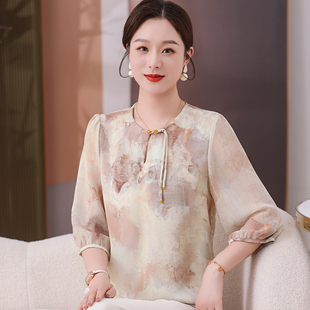 2026新款夏装国风妈妈七分袖雪纺衬衫女短袖t恤中老年薄款上衣女