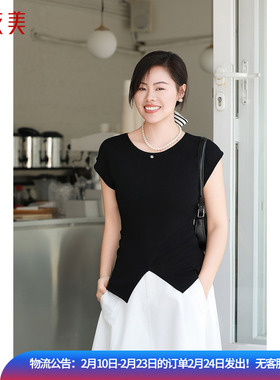 优衣美春季新款女式无袖针织衫休闲圆领套头薄款上衣14962