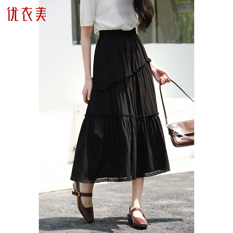 优衣美复古木耳边百褶A字半身裙女夏高腰显瘦a字裙31337