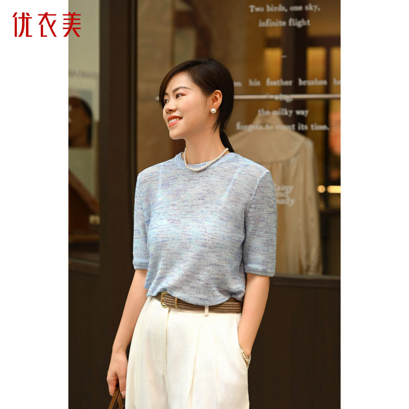 优衣美针织衫亚麻棉夏季新款短袖圆领珠片显瘦上衣14324