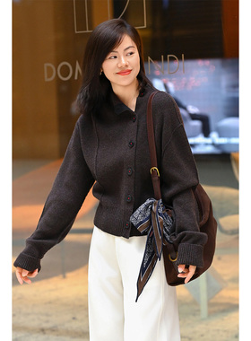 优衣美秋季新款纯绵羊毛开衫女宽松保暖落肩袖针织衫14991