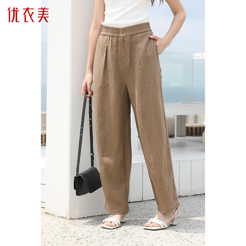 优衣美时尚舒适阔腿裤宽松亚麻松紧腰挺括休闲裤女裤23711
