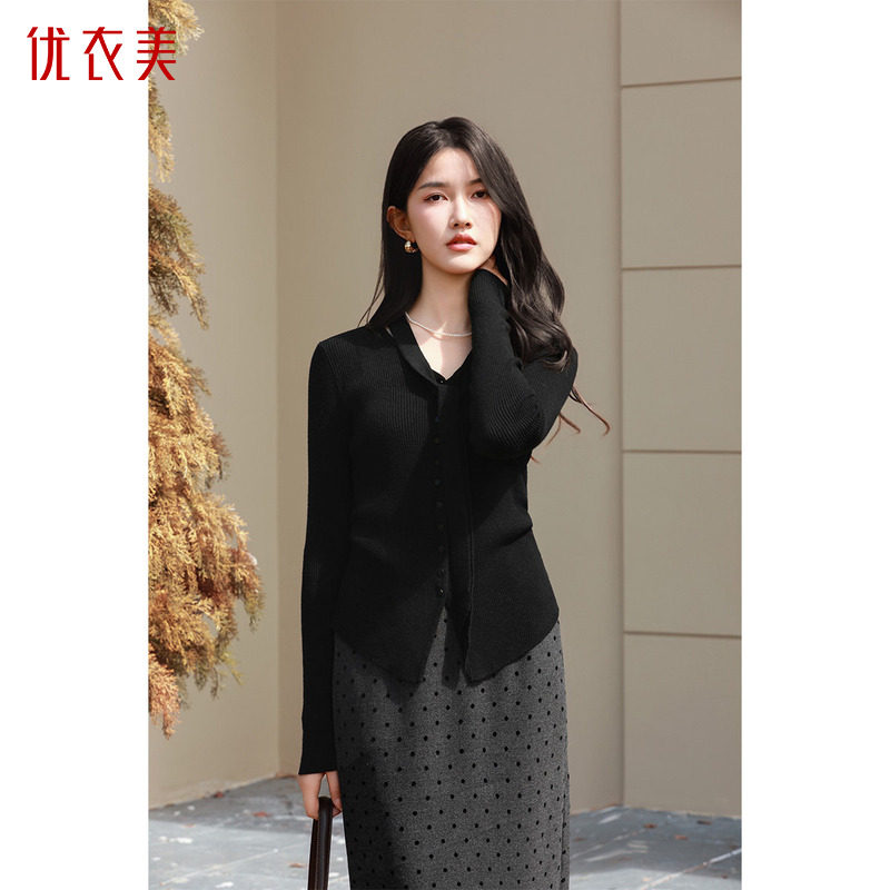 优衣美修身V领气质飘带针织衫针织开衫上衣14301