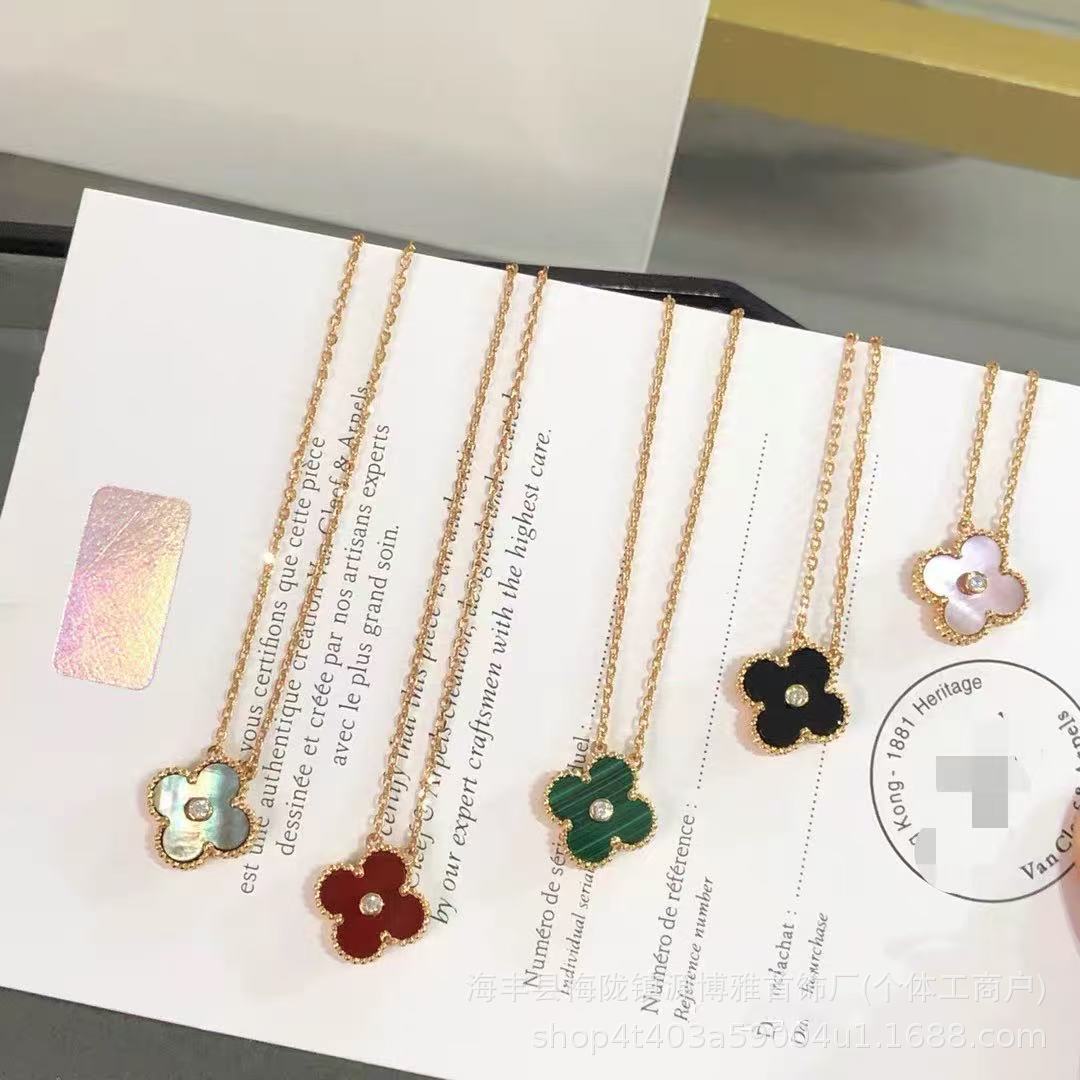 V金高版瘦花18k玫瑰金带钻圣诞镭射镀925银贝母红玛瑙四叶草项链