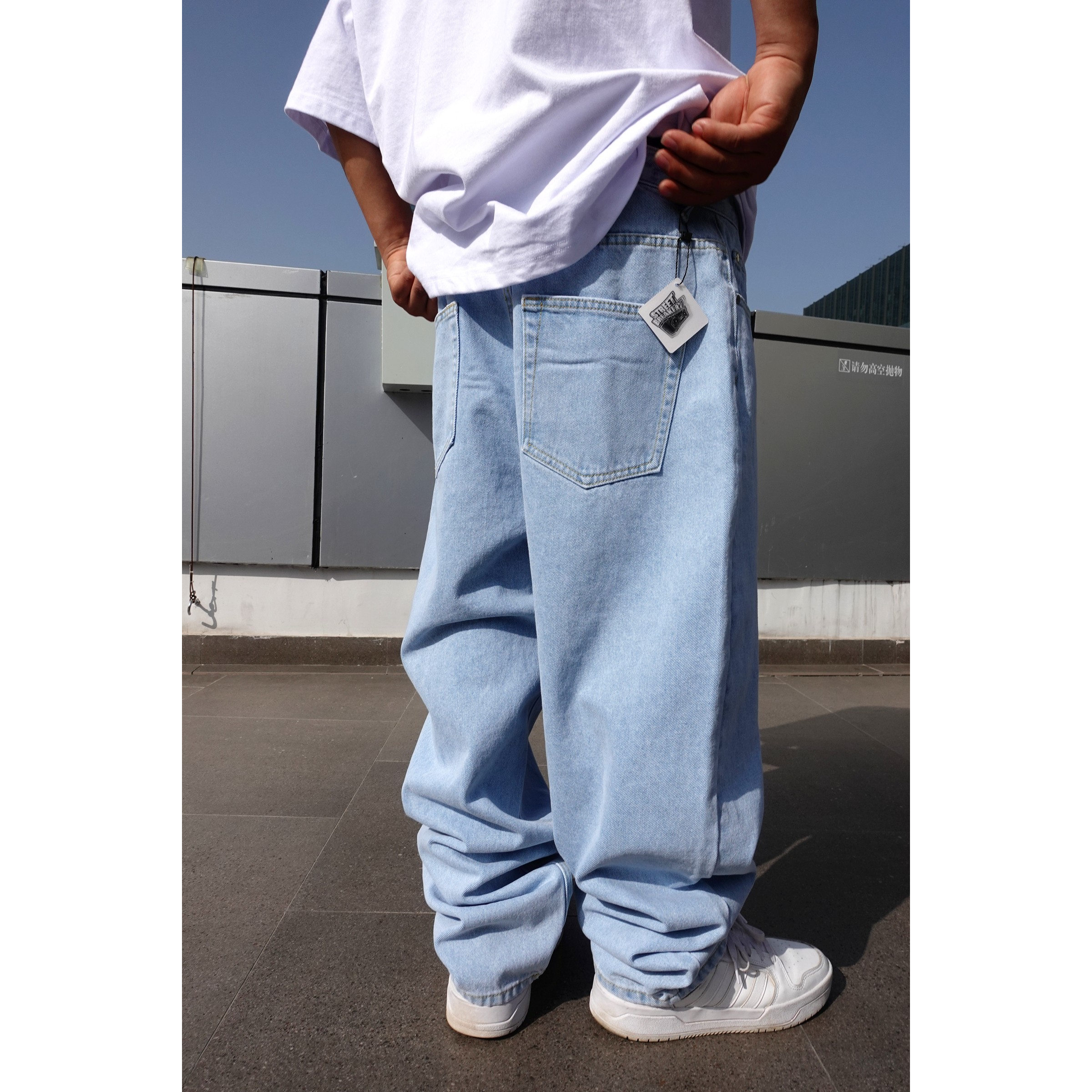 新品hiphop嘻哈浅蓝色滑板牛仔裤