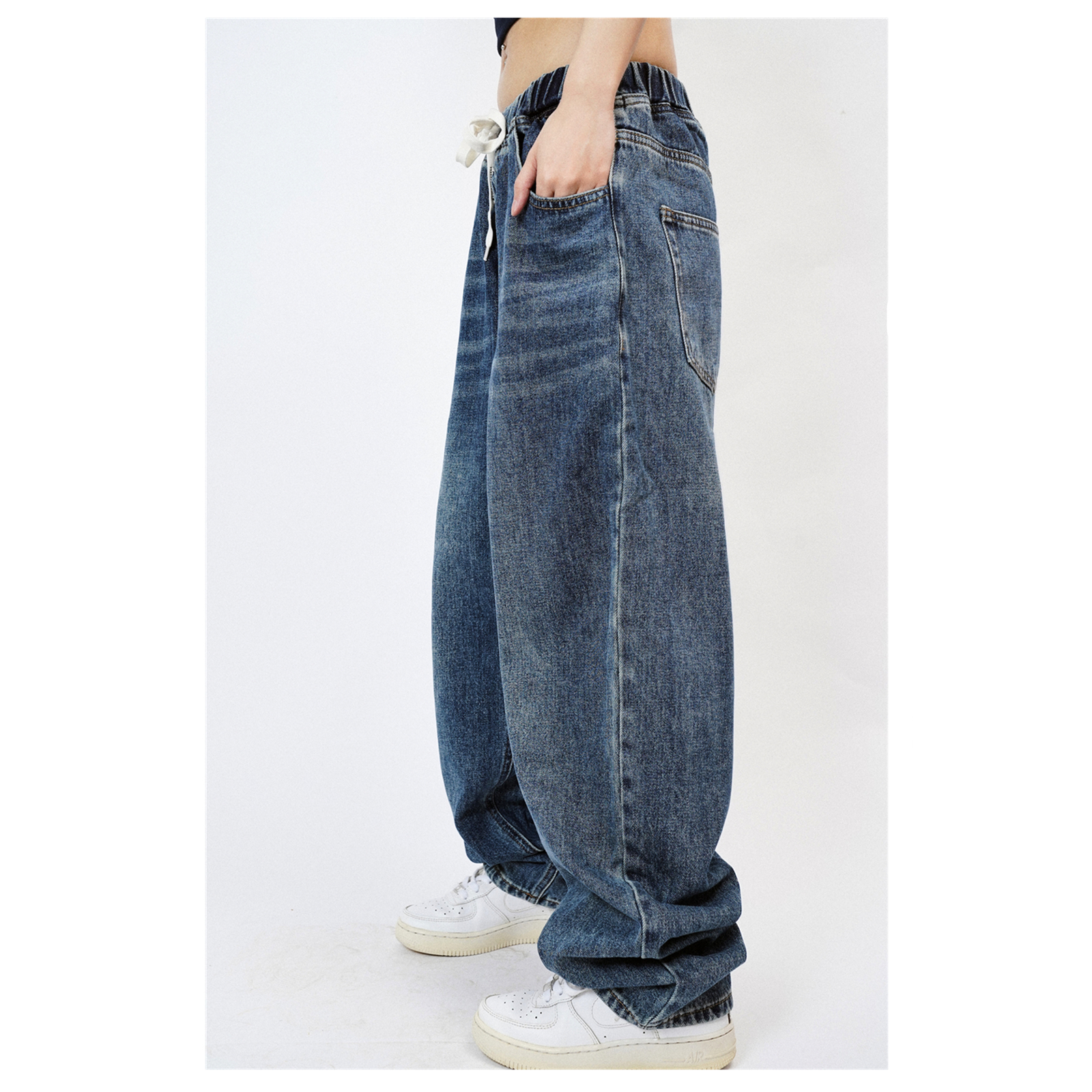 SBKZ松紧牛仔裤运动宽松大码做旧复古蓝街舞女hiphop嘻哈滑板直筒