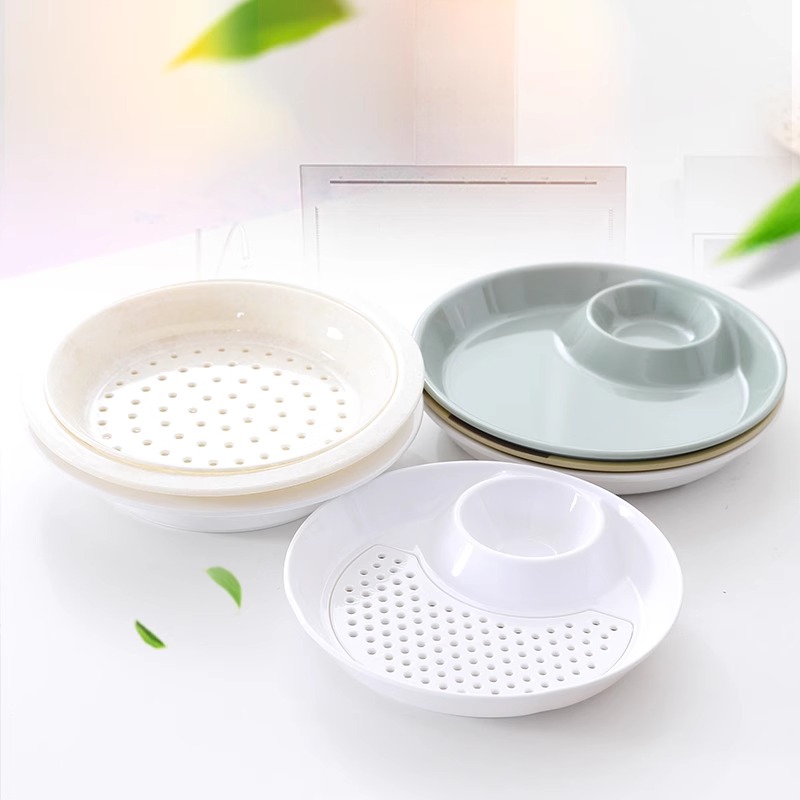 圆形创意饺子盘带醋碟饺子盘沥水双层盘A5密胺家用餐盘水果盘塑料