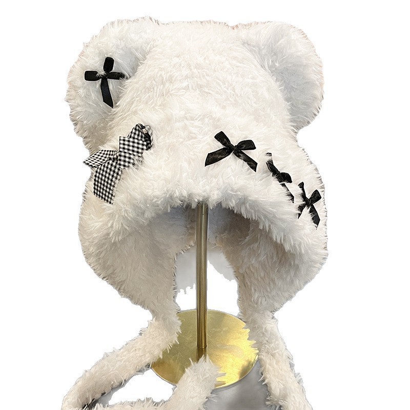 可爱保暖护耳朵显脸小毛绒针织帽小熊蝴蝶结帽子女秋冬季2025新款