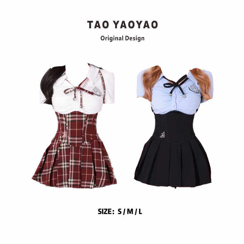 美式辣妹学院风jk制服v领弹力衬衫女夏季高腰显瘦背带裙短裙套装