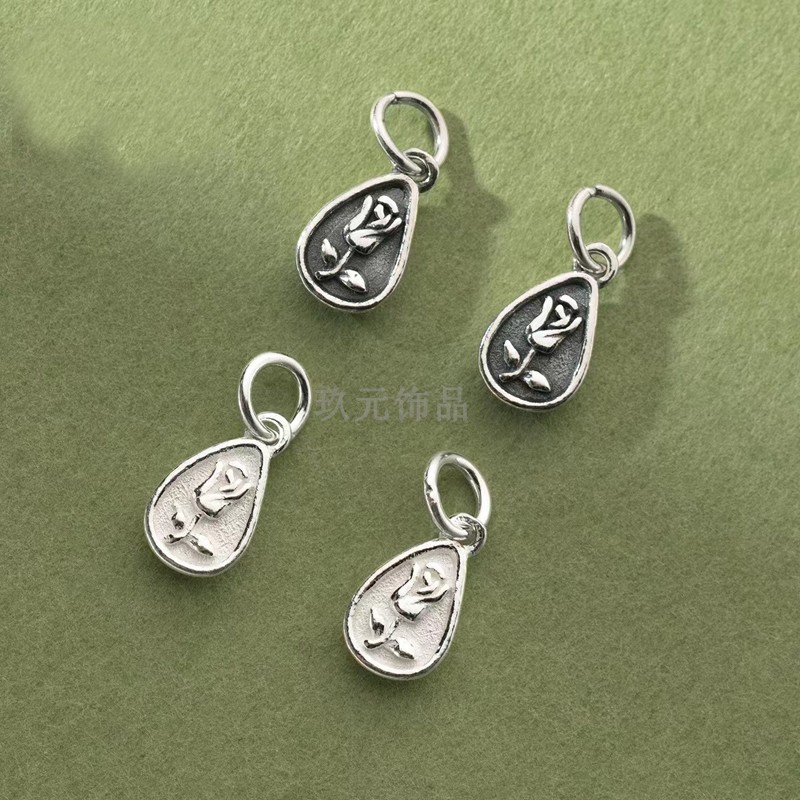 S925银做旧复古水滴玫瑰花吊坠DIY手串挂件手工编绳配件