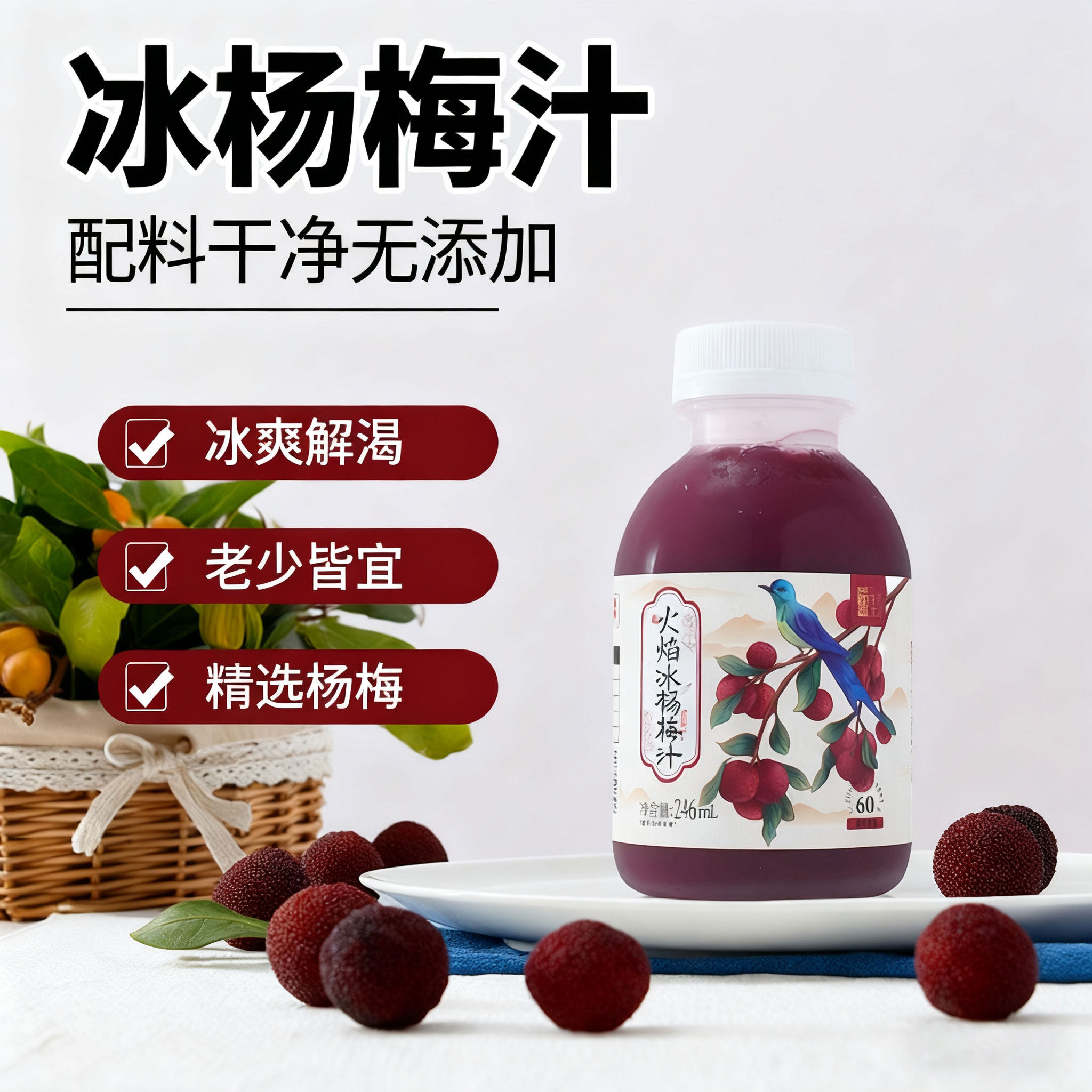 羿宫坊冰杨梅汁246ml8瓶装无添加孕妇小孩子可喝果蔬饮料果汁饮品