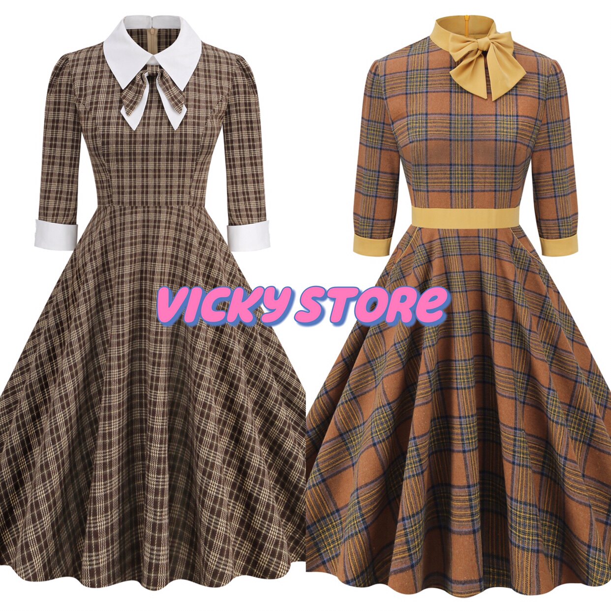 欧美复古vintage50年代赫本女装气质英伦格纹显瘦中长大摆连衣裙