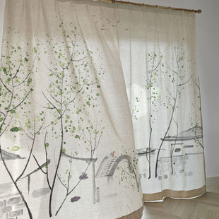 新中式亚麻窗帘窗纱加厚遮光客厅茶室卧室仿手绘艺术国风水墨江南