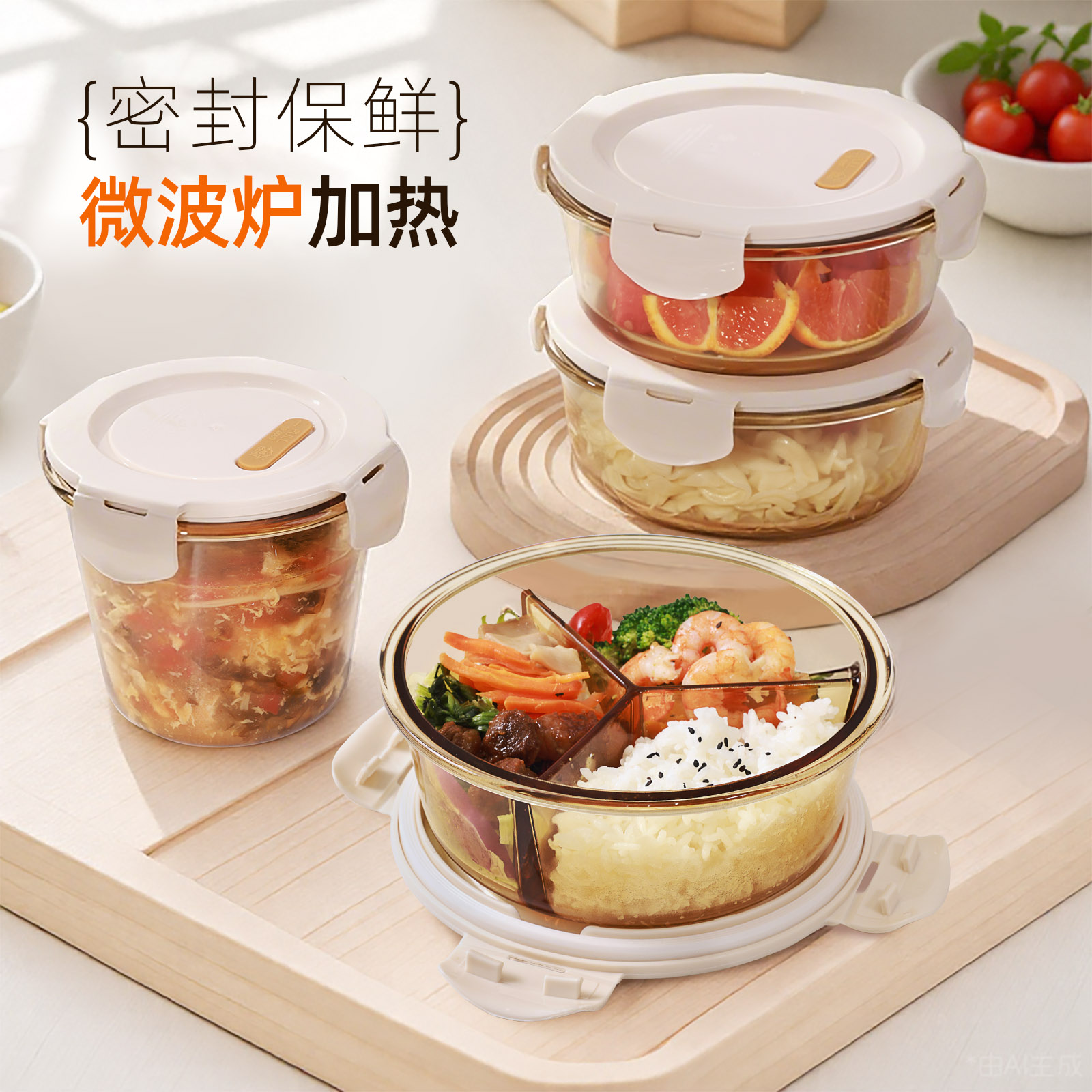 创得圆形玻璃饭盒可微波炉加热专用上班族带饭餐盒汤碗分隔保鲜盒