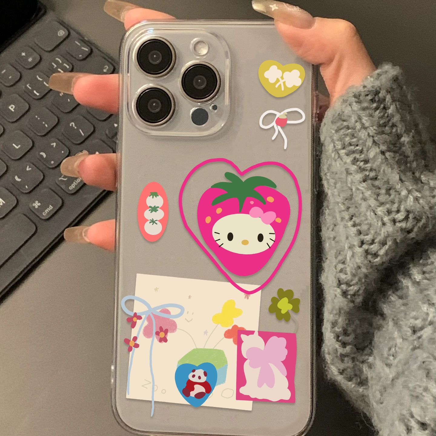 利利酱 草莓kitty贴纸透明ins手机壳8苹果7安卓ins情侣se小众xr日韩xs高级11防摔12质感13精孔14软壳15promax