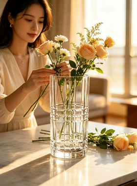 进口NACHTMANN 奈赫曼水晶玻璃透明高档轻奢客厅干花鲜花插花花瓶