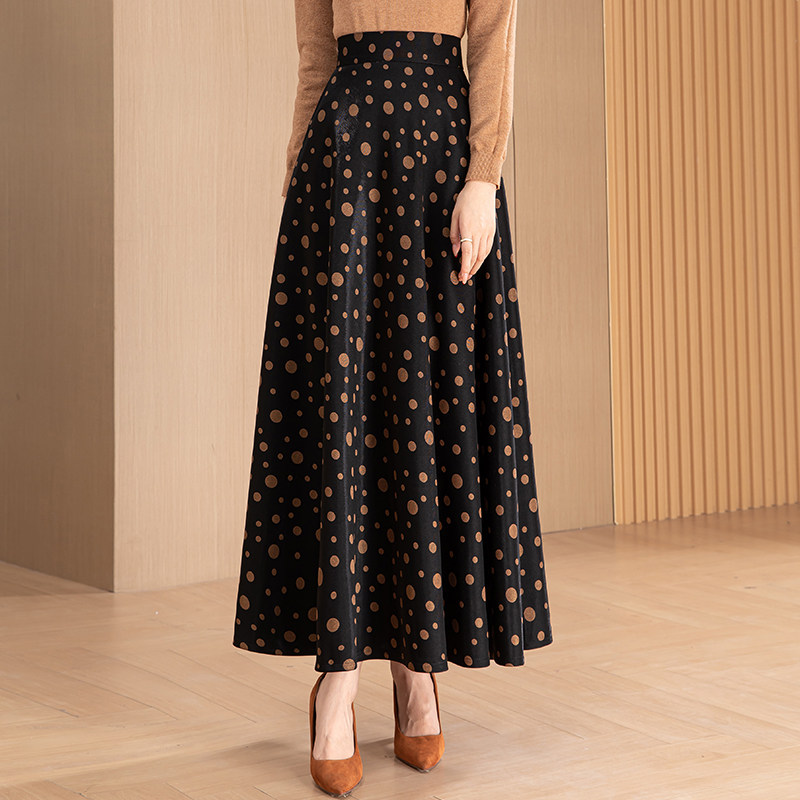 高腰波点半身裙女长裙2025秋冬新款长款大码A字垂感百褶大摆伞裙