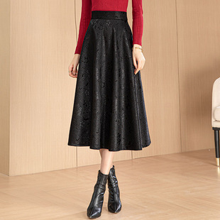 2025春秋冬款提花半身裙女百搭高腰A字裙中长款黑色显瘦大码裙子