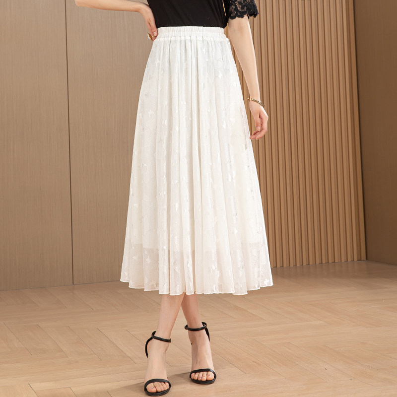 夏季白蕾丝网纱半身裙女新款显瘦遮胯大摆裙中长款高腰小个子伞裙