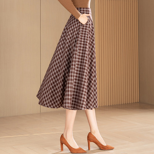 复古格子高腰显瘦A字半身裙
