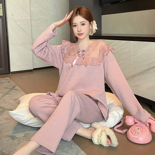 大码女装胖MM秋冬季洋气显瘦百搭拼接蕾丝长袖家居服睡衣两件套装
