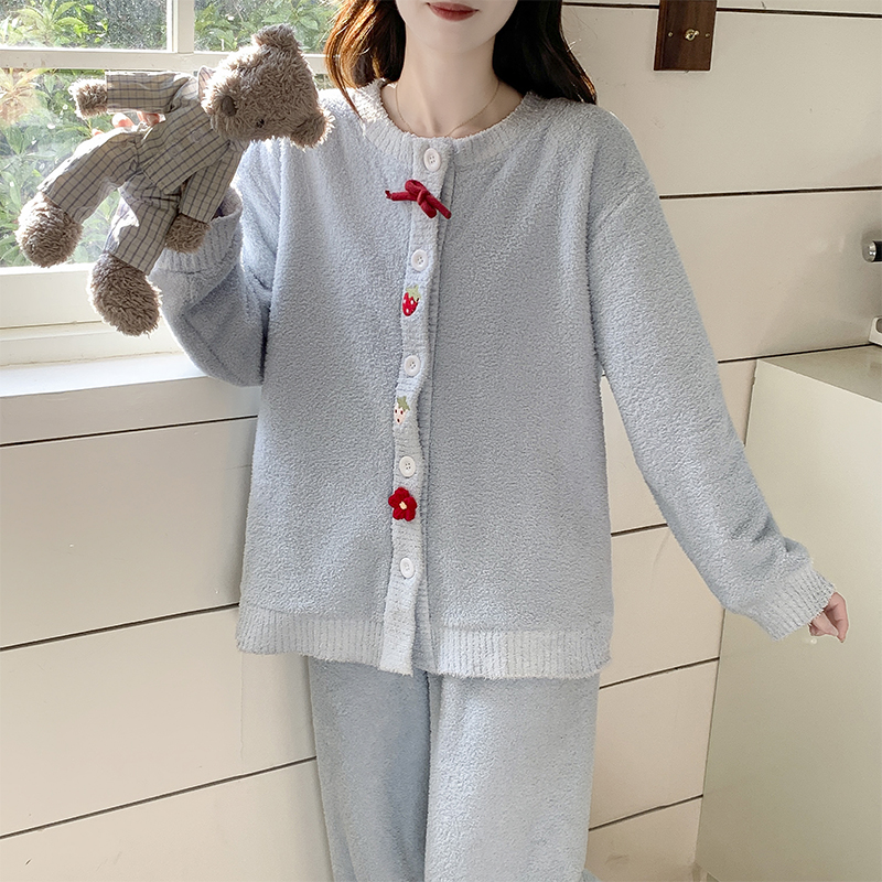 半边绒睡衣女款秋冬季加厚加绒保暖可爱草莓珊瑚绒冬天家居服套装