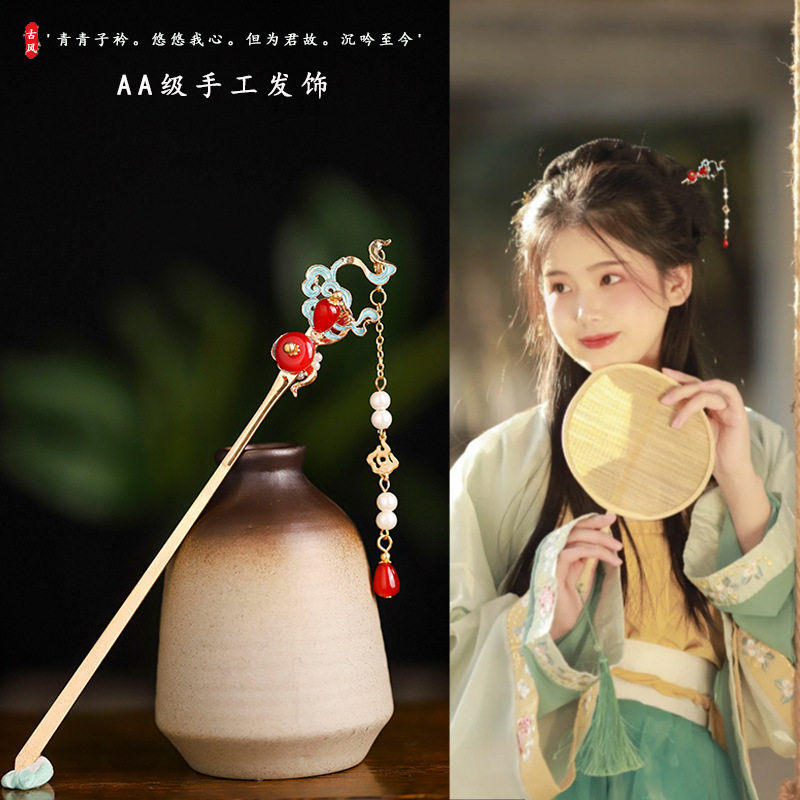 古风合金发簪汉服簪子盘发珍珠发簪日常百搭简约簪流苏中国风头饰