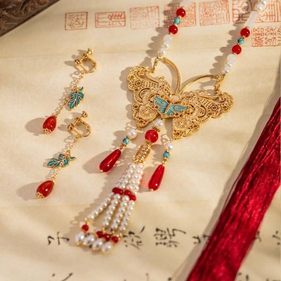 新中式蝴蝶结设计古风汉服旗袍马面裙项链长璎珞配饰流苏背云项链