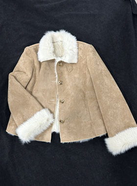 Z衣家韩系翻领皮毛一体厚外套女2024冬季新款麂皮绒气质