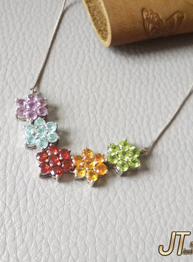 天然托帕石榴石锁骨颈链橄榄石黄紫水晶银镶短项链轻奢气质OL女饰