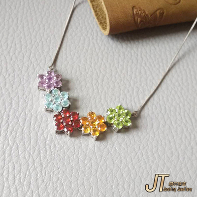 天然托帕石榴石锁骨颈链橄榄石黄紫水晶银镶短项链轻奢气质OL女饰