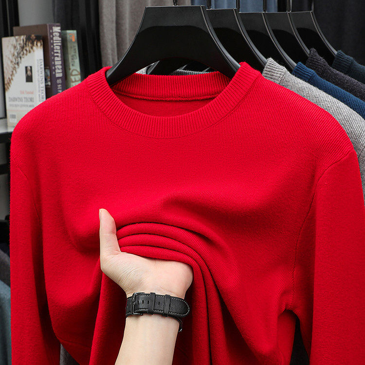 男士圆领针织衫红色保暖套头打底衫薄款毛衣极简风2025新款男款