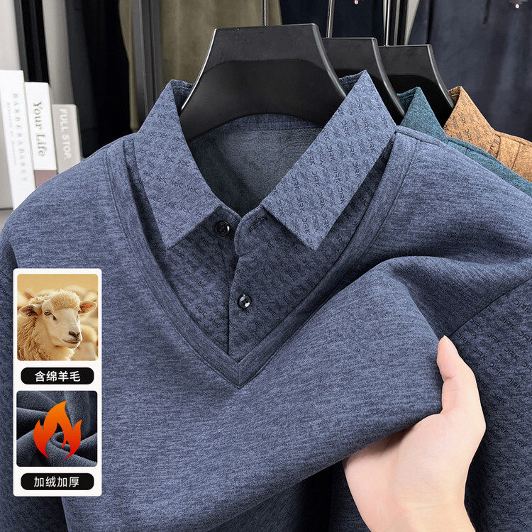 男士假两件翻领POLO衫长袖加绒加厚保暖针织衫商务2025新款打底衫