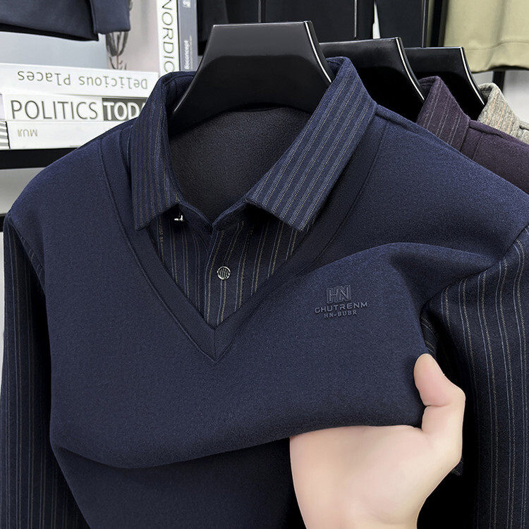 假两件毛衣男加绒加厚衬衫领保暖长袖针织衫深蓝色秋冬新款打底衫