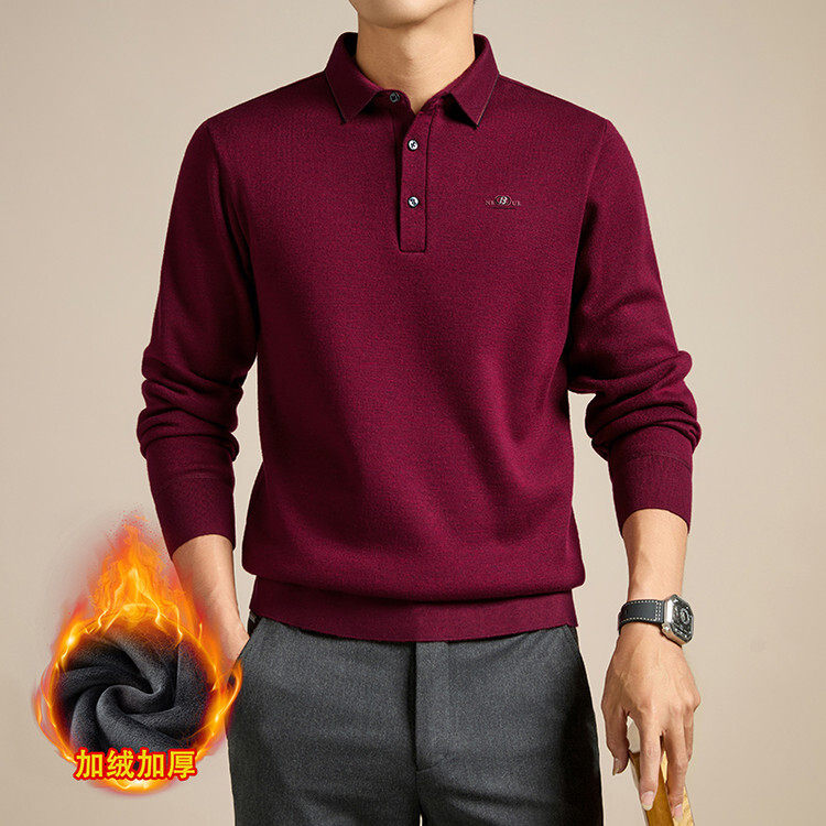 本命年红色毛衫加绒加厚polo领针织衫男长袖翻领保暖休闲毛衣上衣