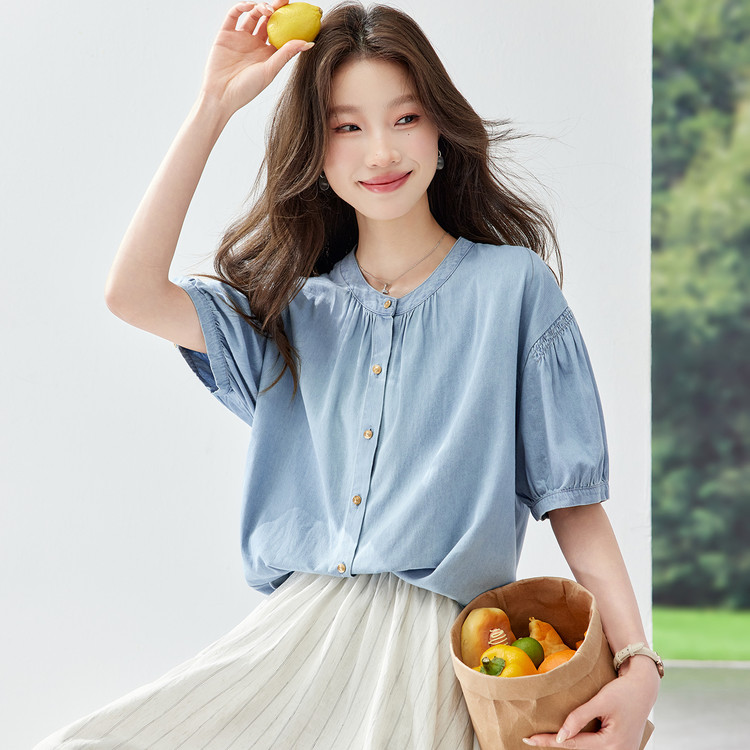 月锻 夏季牛仔短袖衬衣女日系百蕾丝衫/雪纺衫