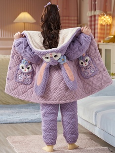 罗丽丝2023新款三层夹棉儿童睡衣冬款加厚款女童秋冬季家居服珊瑚