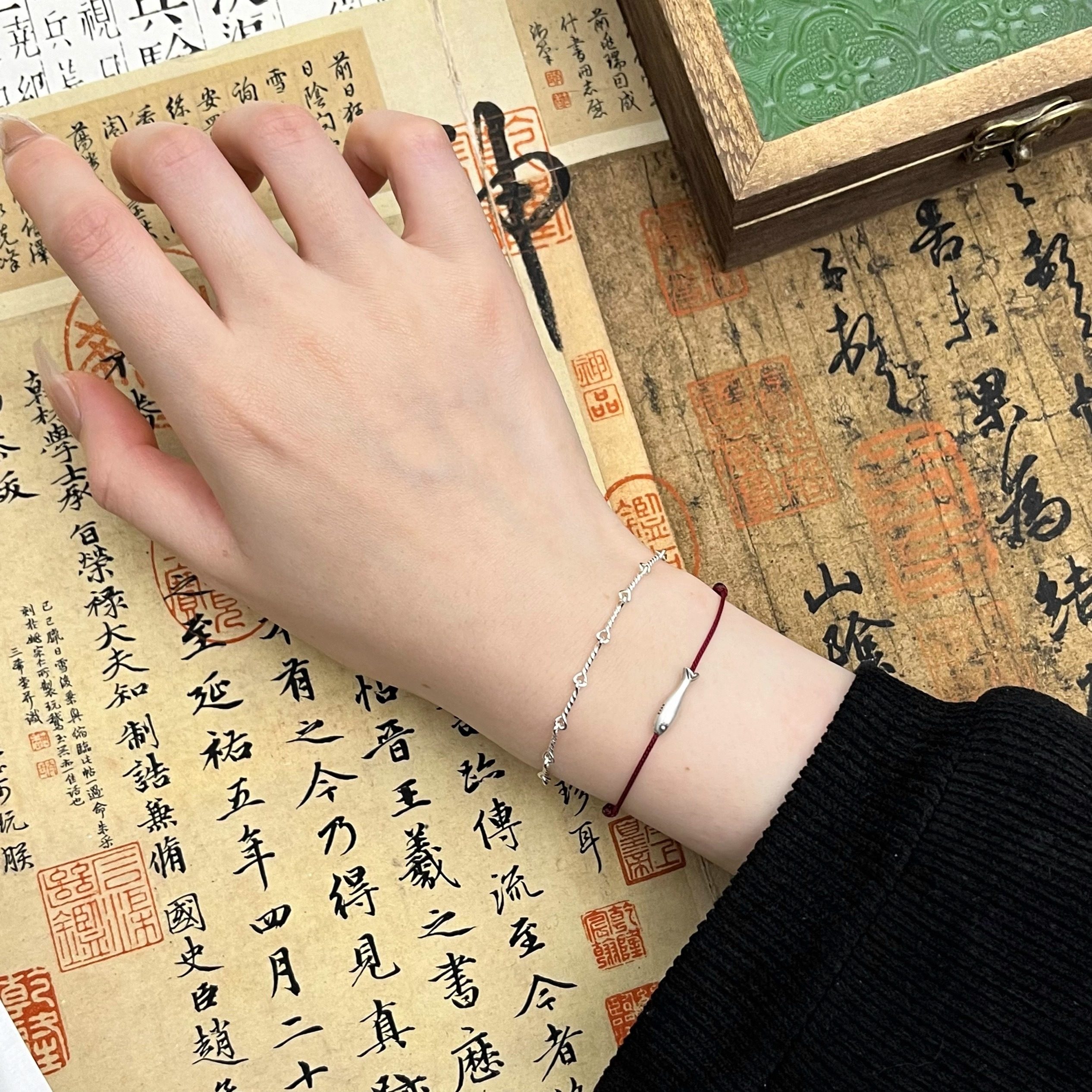 上岸S925纯银小鱼红绳手链国风本命年事事顺利红脚链可调节