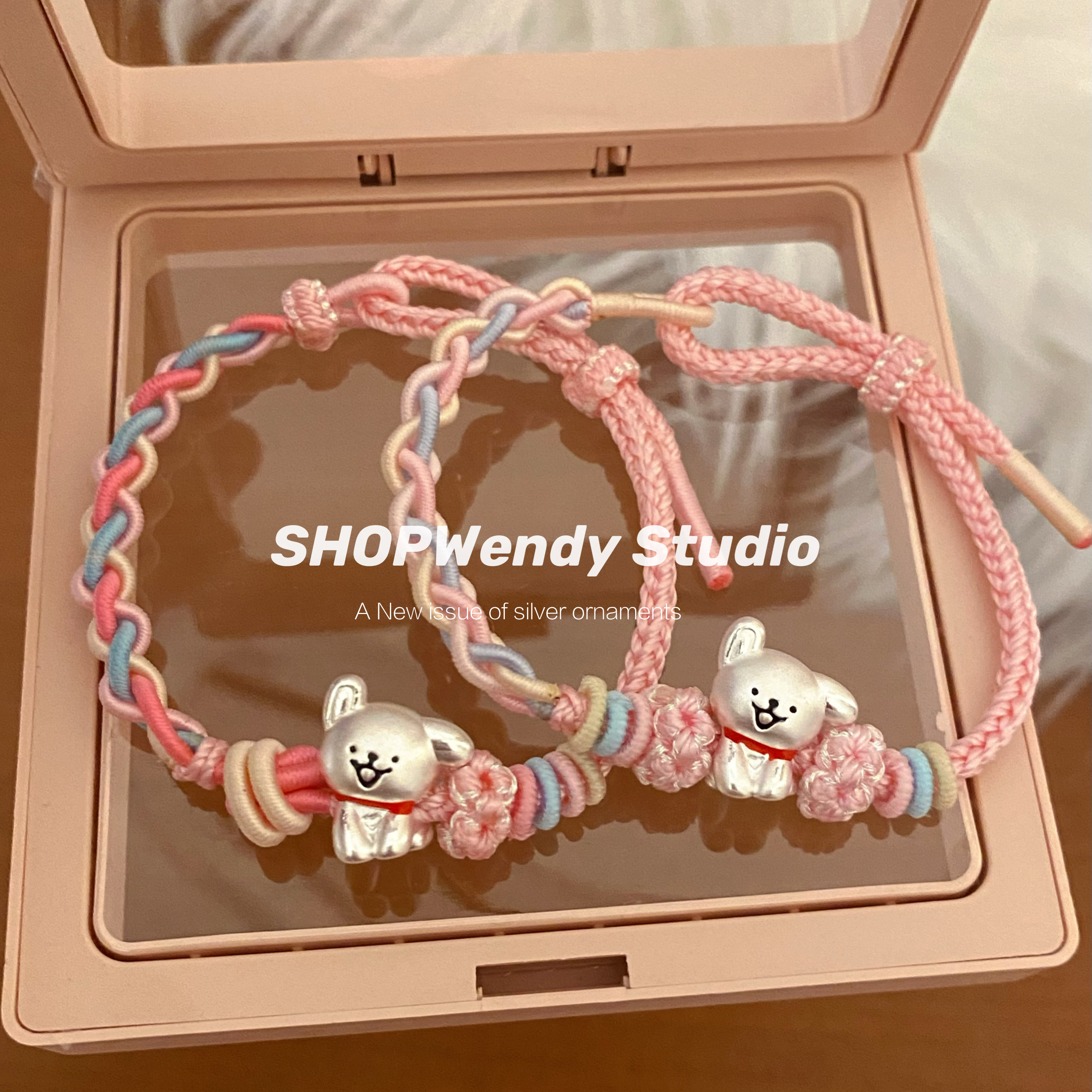 SHOPWendy | 线条小狗 足银999卡通闺蜜编织纯银手绳粉色系手链