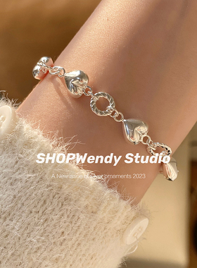 无女925通体纯银ins风爱心手链