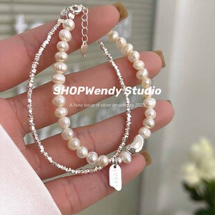 SHOPWendy Lucky碎银子珍珠S925纯银叠戴手链 两件套