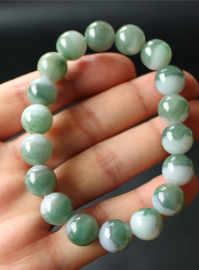 天然缅甸翡翠A货 特色半山水聚宝盆圆珠手串链 12mm糯种蓝绿色花