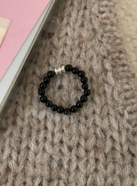 s925纯银圆片黑玛瑙弹力绳戒指女简约冷淡风高级感百搭黑色食指戒