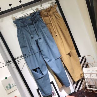 显瘦破洞休闲裤 女港味花苞萝卜裤 新款 2019春季