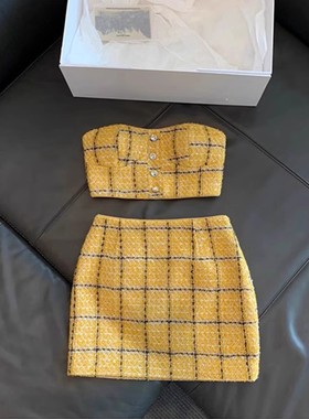 【Lux系列 上东区富家女】黄色小香格子抹胸短裙套装