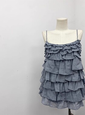 【悉尼假日】低饱和雾蓝色超显白 9层荷叶边连衣裙女夏季