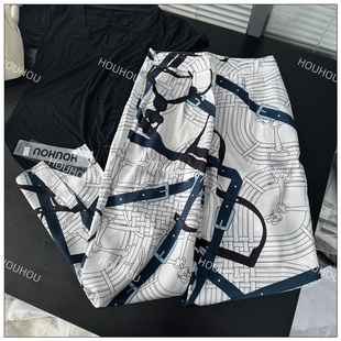 5227【old money穿搭】阔腿裤冰丝缎面裤子女老花裤遛弯裤薄款