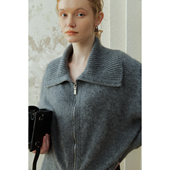 奥芝国 羊毛羊绒拉毛大翻领拉链毛衣女秋冬内搭打底针织开衫